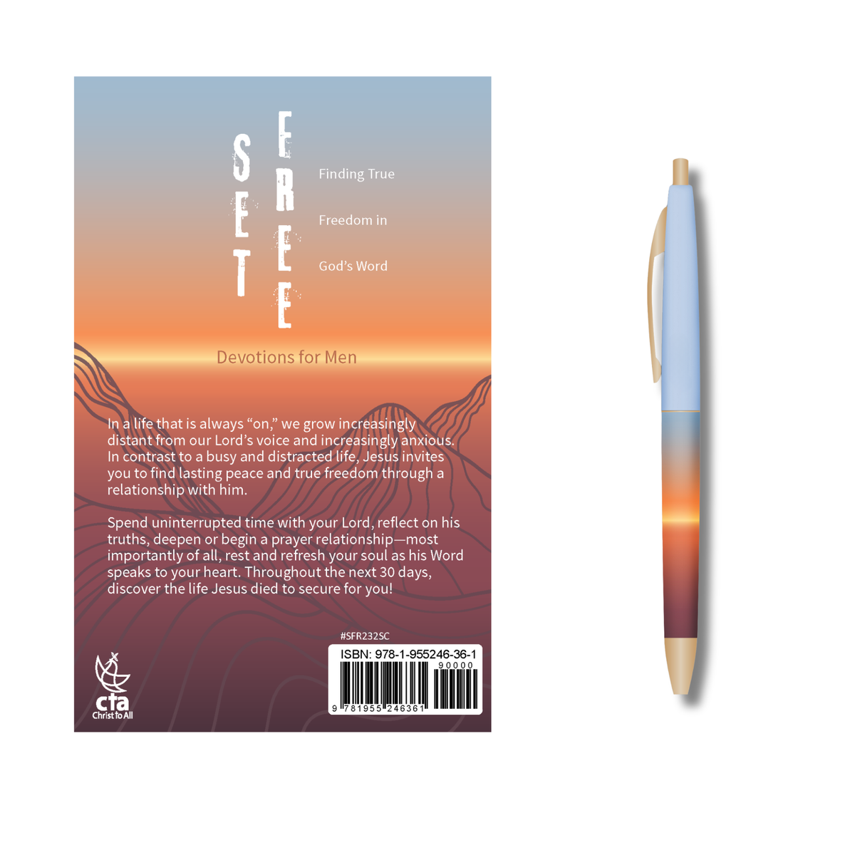 A Devotions for Men prayer journal with a sunset gradient cover design, shown next to a light blue and gold pen on a white background by CTA Christ to All and CTA Gifts.