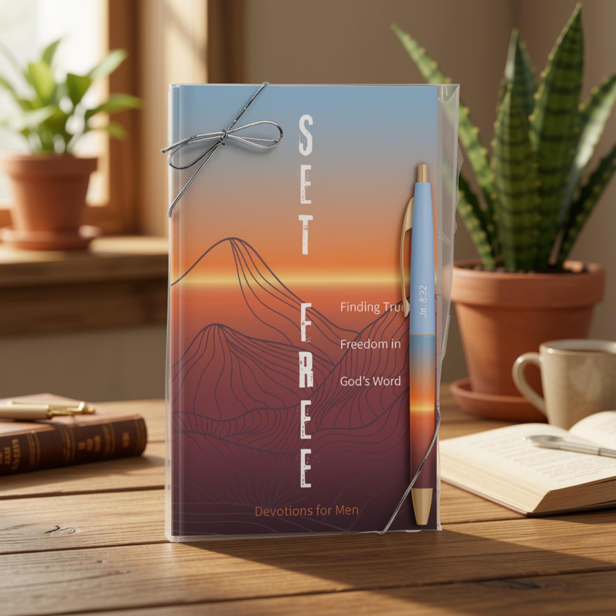 A boxed devotional book set on a wooden table, featuring a clear sleeve around a book titled “SET FREE” with an orange-to-blue sunset cover, a pen tucked inside, and a gray ribbon bow. Plants, books, and a mug are visible in the softly lit room background by CTA Christ to All and CTA Gifts.
