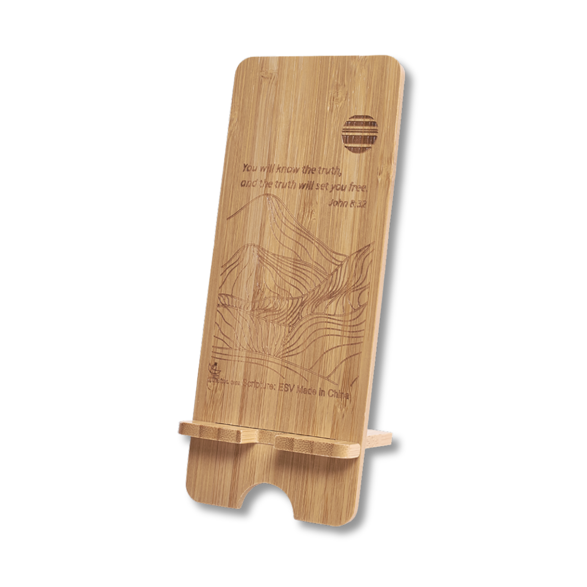 A light natural bamboo bookend or stand with engraved text and topographic line art, shown on a plain white background by CTA Christ to All & CTA Gifts.