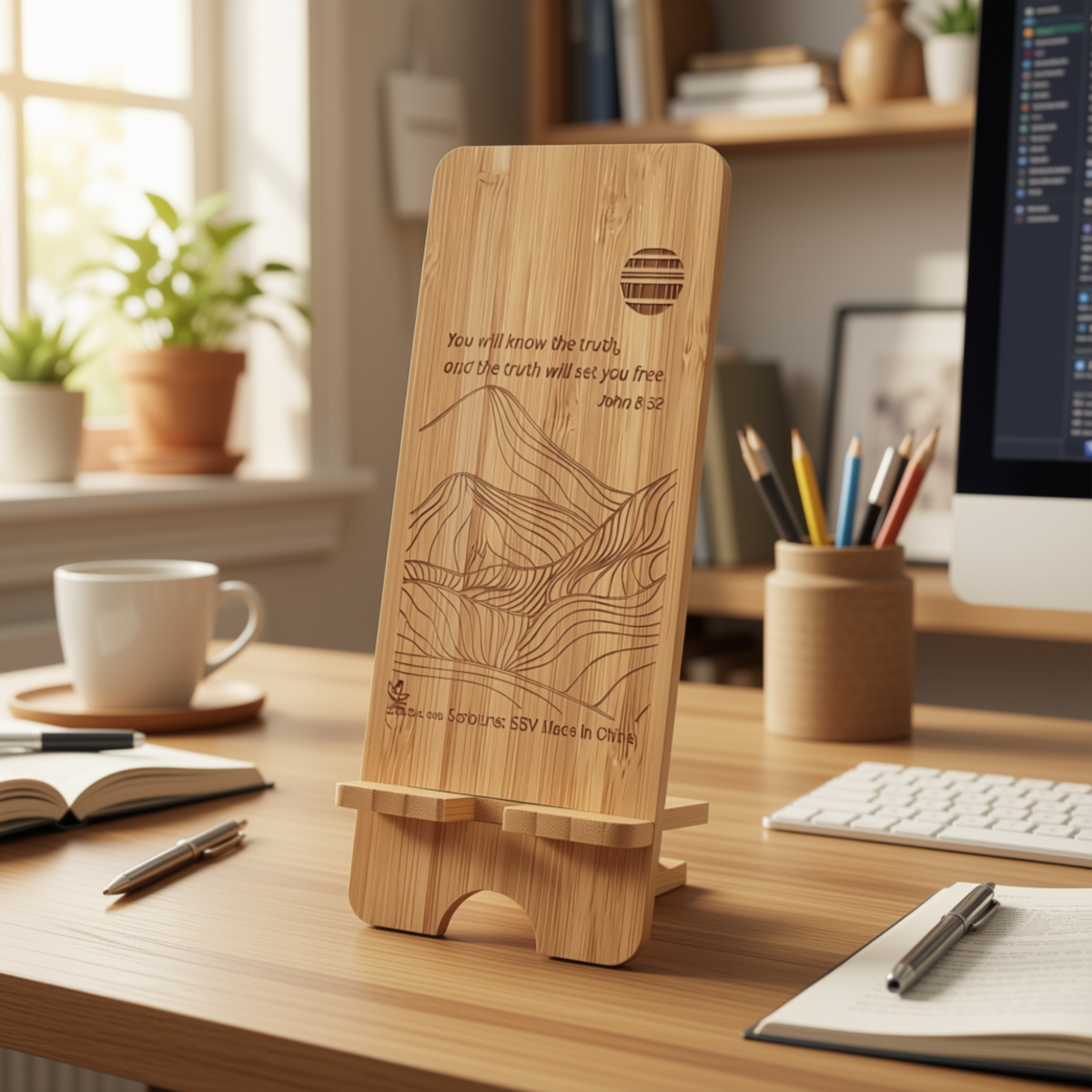 A bamboo wooden desktop stand holding a vertical book or notebook with engraved text and landscape line art, placed on a wooden desk in a bright home office with a computer, keyboard, cup, and plants in the background by CTA Christ to All and CTA Gifts.
