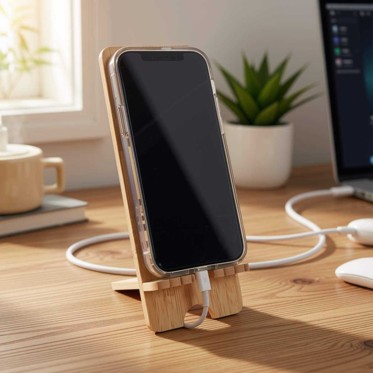 A smartphone in a clear case stands upright on a small wooden charging stand on a wooden desk, with white charging cables connected. The scene is a real indoor workspace with a mug, plant, laptop, and mouse in the background by CTA Christ to All and CTA Gifts.