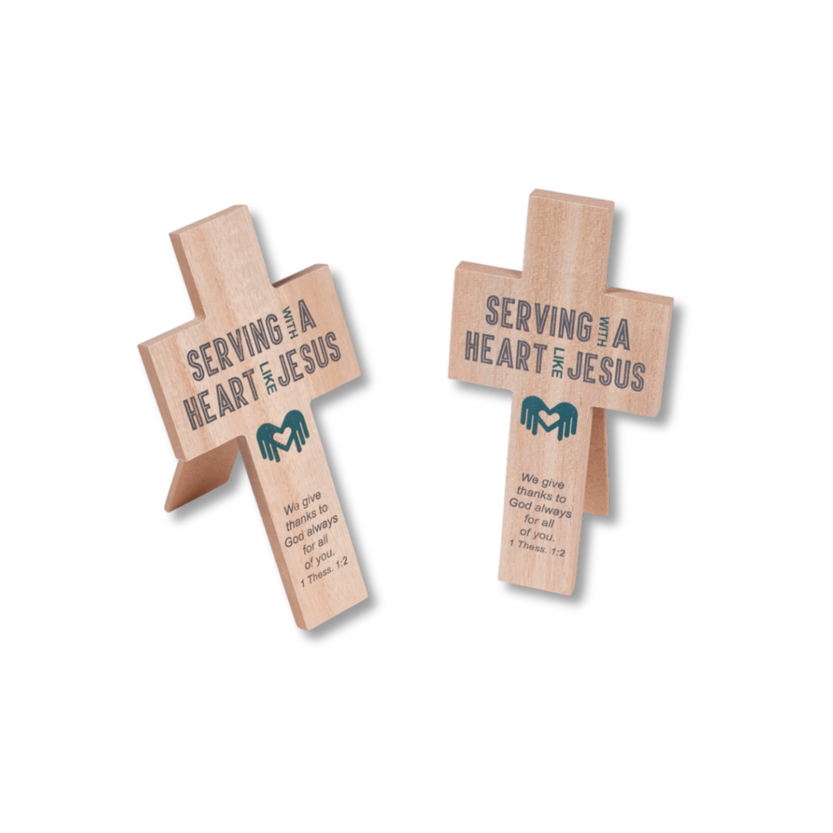Two views of a wooden tabletop cross displaying the message “Serving with a Heart Like Jesus” and 1 Thessalonians 1:2. The self-standing cross features an easel back and faith-inspired design, making it a thoughtful Christian appreciation gift for volunteers, church staff, ministry teams, teachers, and servant leaders by CTA Christ to All and CTA Gifts.