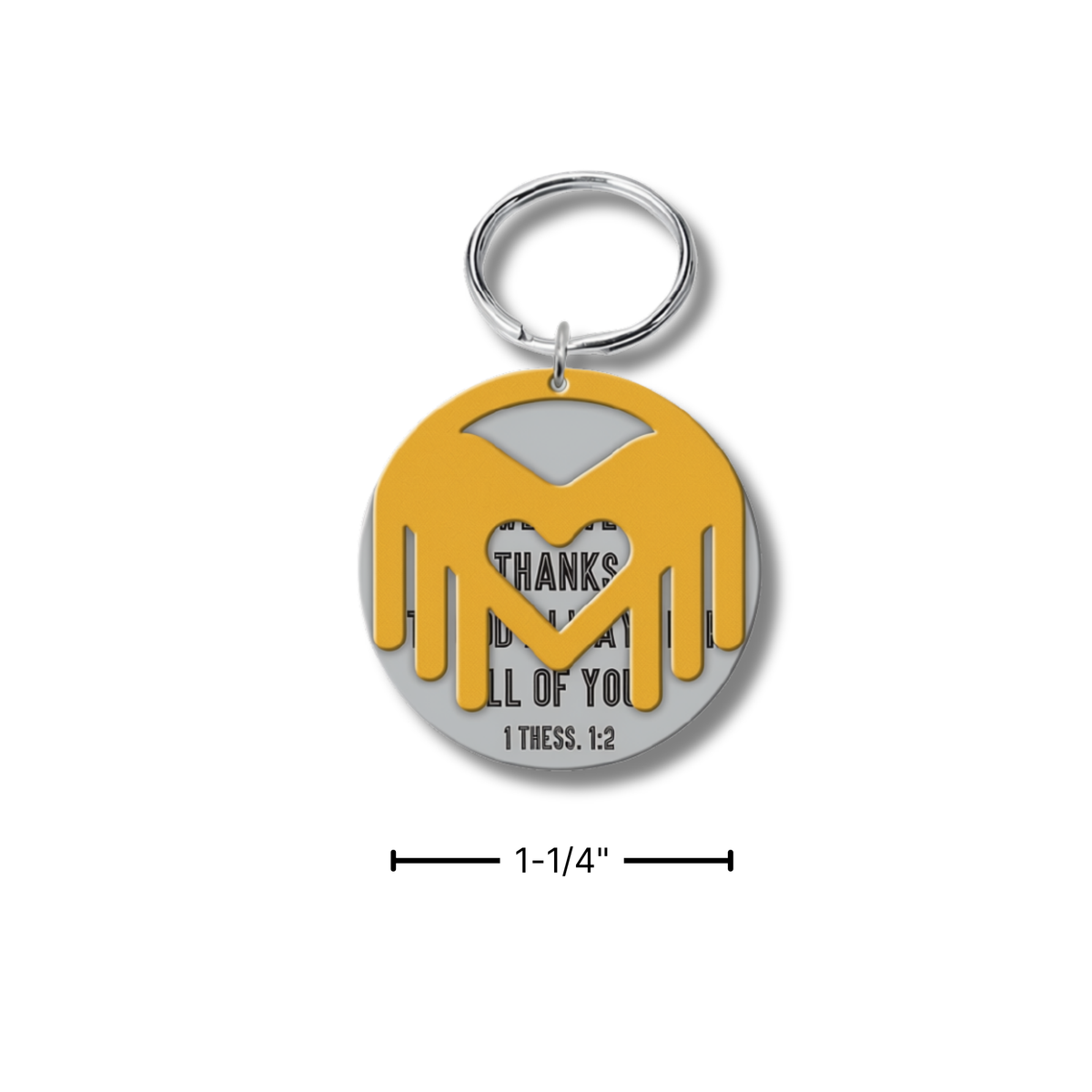A round metal keychain with a silver-tone key ring and a yellow-and-silver pendant featuring a honeycomb pattern and text by CTA Christ to All and CTA Gifts.
