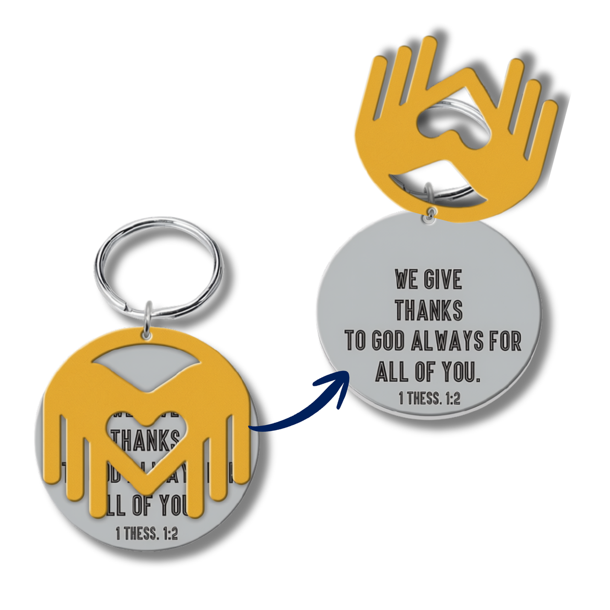 A metal keychain and matching tag shown on a white background, with a circular silver disc engraved with a Bible verse and a yellow hand-shaped cutout above it. A blue arrow points from the front view to the back view, indicating the two sides of the keychain by CTA Christ to All and CTA Gifts.