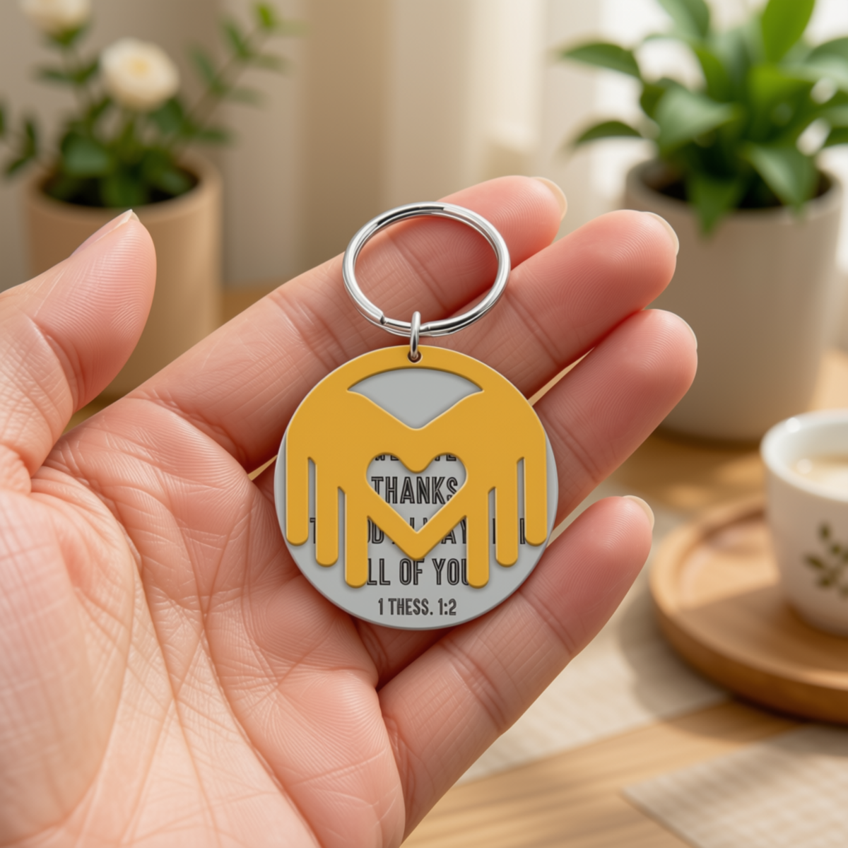 A hand holding a round acrylic keychain featuring a yellow and white hand design with the text 'THANKS FOR ALL OF YOU 1 THES. 1:2' on a softly blurred indoor background by CTA Christ to All and CTA Gifts.