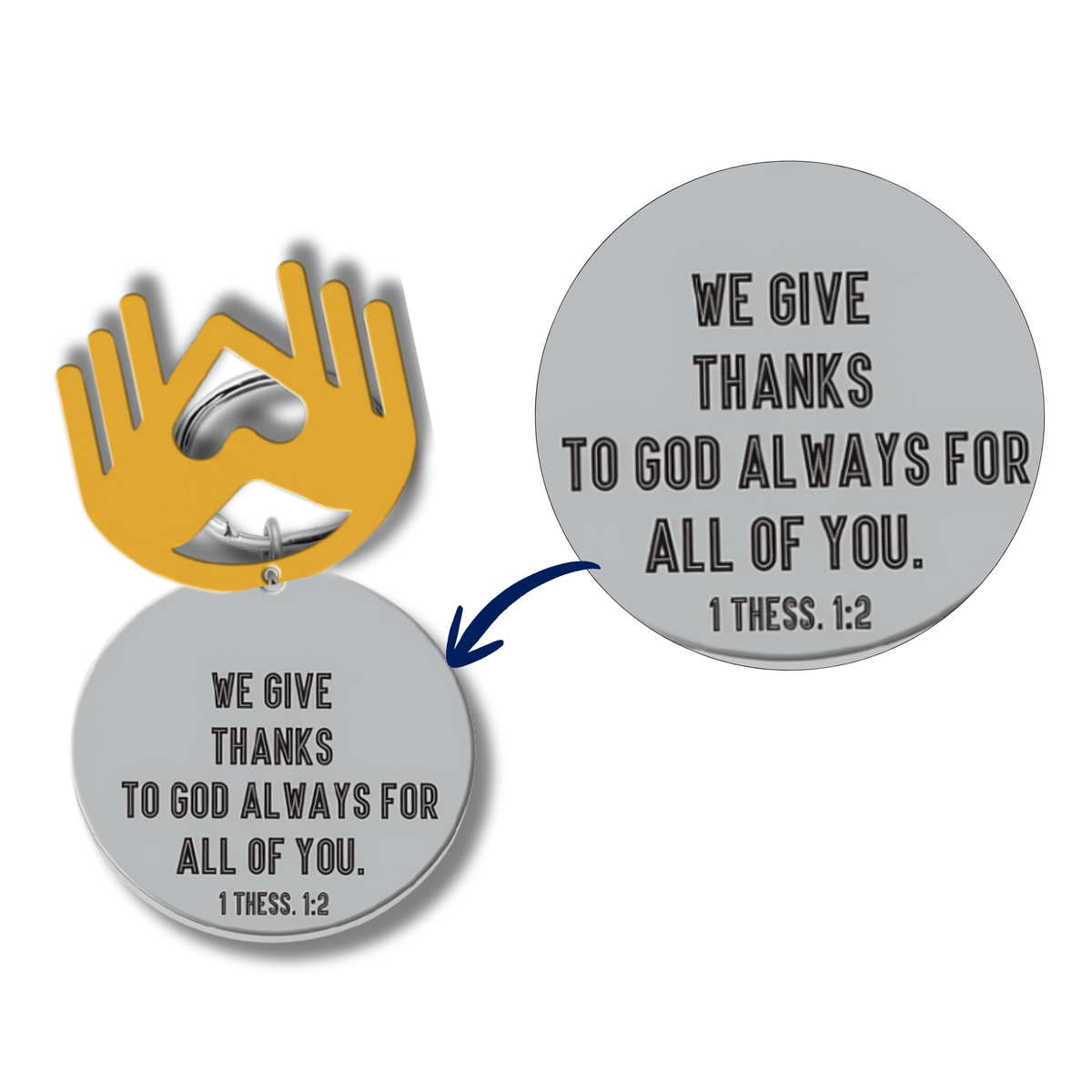 A metal wall plaque or wall art piece shown on a white background, with two circular views and a yellow hand graphic above. The circular plaque is engraved with the text 'WE GIVE THANKS TO GOD ALWAYS FOR ALL OF YOU' by CTA Christ to All and CTA Gifts.