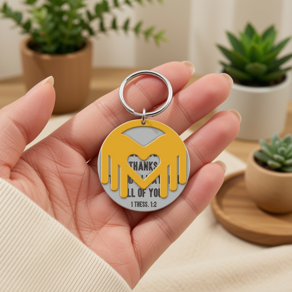 A hand holding a round metal keychain with a yellow and silver design featuring a heart and Bible verse text, set against a softly blurred indoor background with potted plants by CTA Christ to All and CTA Gifts.