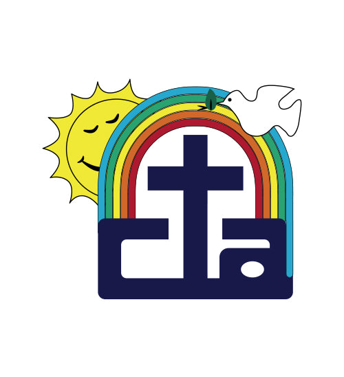 A colorful graphic emblem featuring a smiling yellow sun, a white dove, a rainbow, and a dark blue cross over the letters 'cta' on a white background.