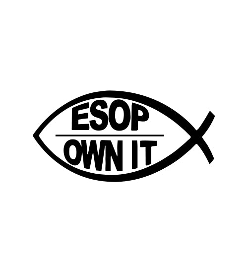 A black fish-shaped decal or sticker with the text 'ESOP OWN IT' inside, centered on a plain white background.