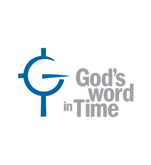The logo for 'God's Word in Time' featuring a blue stylized 'G' with a cross on the left and gray text on the right, set against a plain white background.