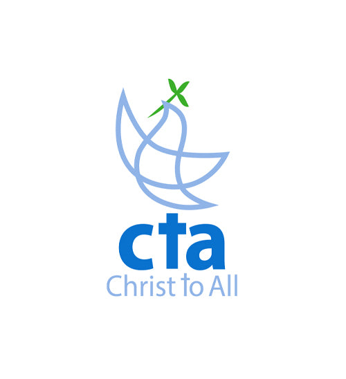 The logo for Christ to All (CTA) features a light blue stylized dove with a green cross on its back, positioned above the bold blue letters 'cta' and the light blue text 'Christ to All' on a solid white background.