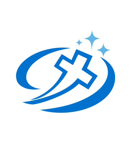 A blue faith-inspired Christian logo featuring a cross enclosed in curved swooshes with small star accents on a white background.