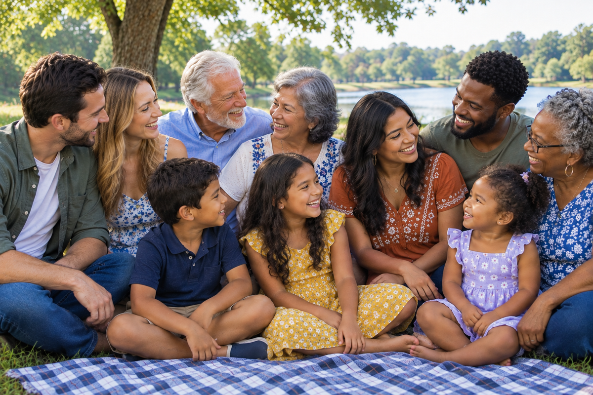 Multigenerational family sitting together on a picnic blanket by a lake, enjoying time outdoors in a scenic park with trees and sunshine by CTA Christ to All.