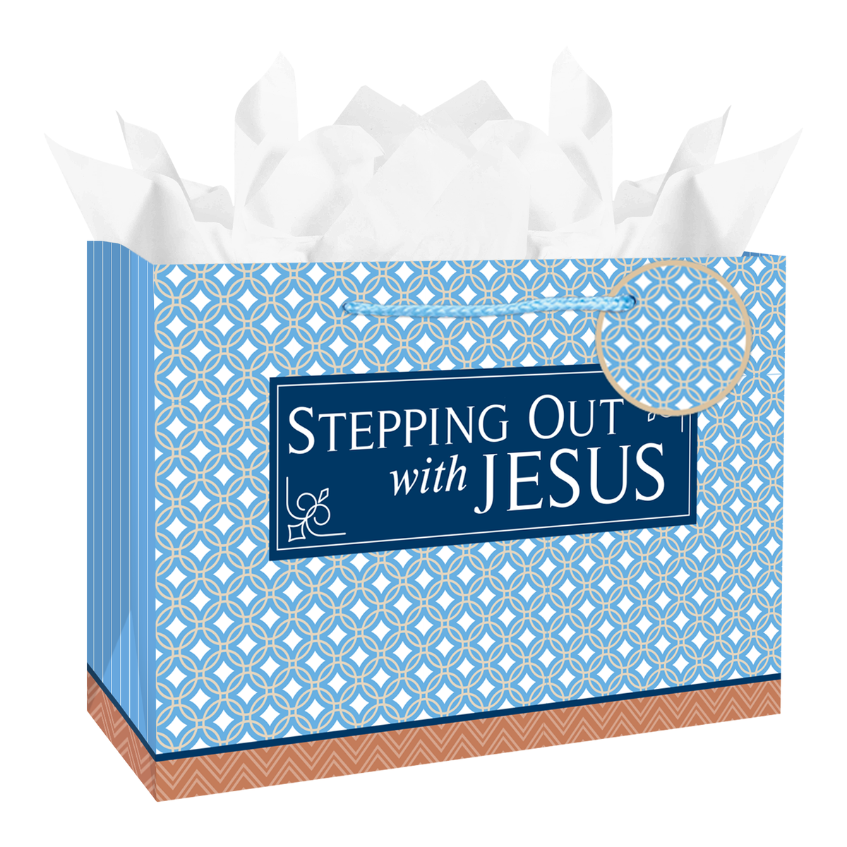 A blue and white patterned gift bag with a navy blue label that reads 'Stepping Out with Jesus' in white text. The bag is filled with white tissue paper and has a gold handle by CTA Christ to All and CTA Gifts.