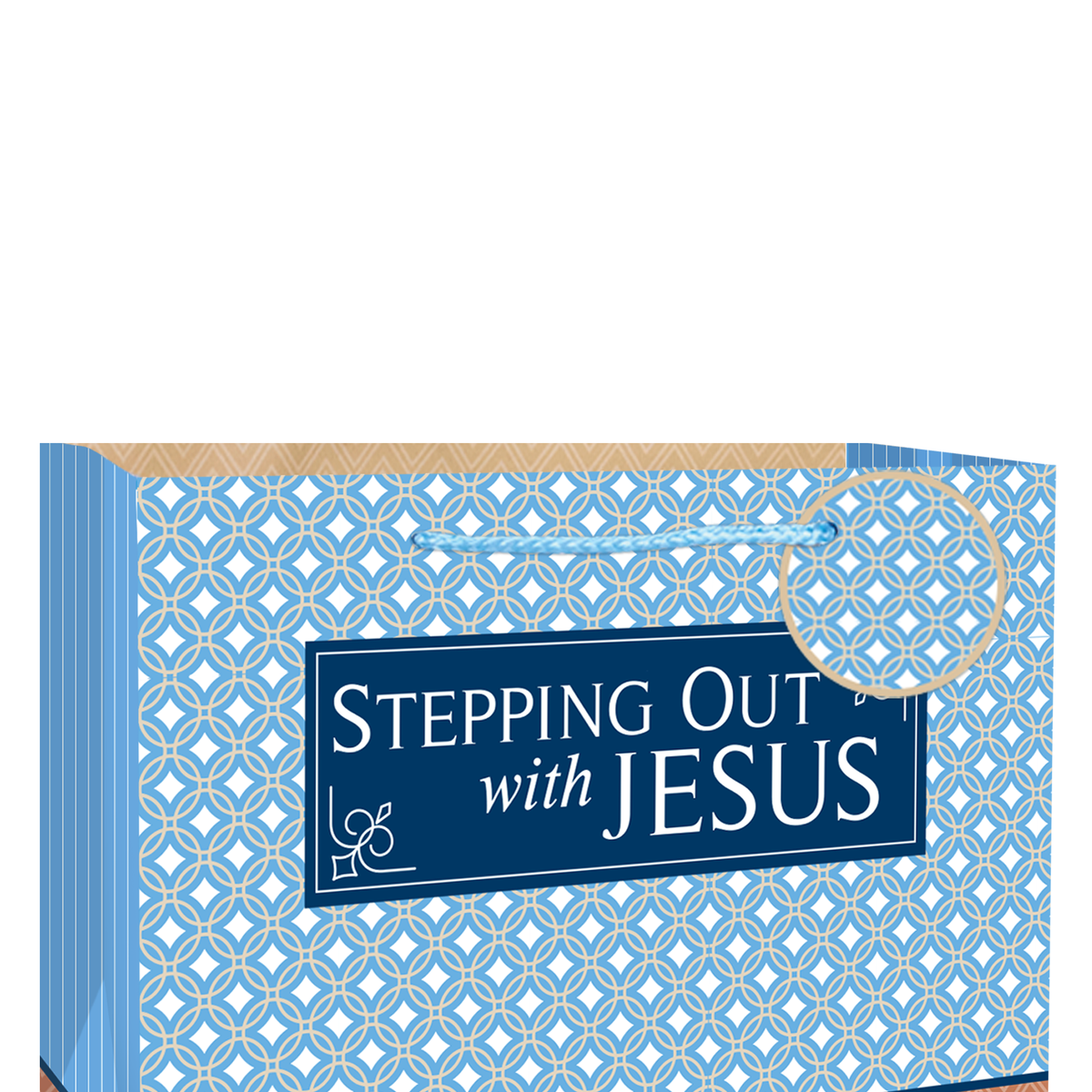 A book or booklet cover shown at an angle on a white background, with a blue and white geometric pattern and a dark blue title panel reading “Stepping Out with Jesus.” A circular inset highlights the patterned cover design by CTA Christ to All and CTA Gifts.