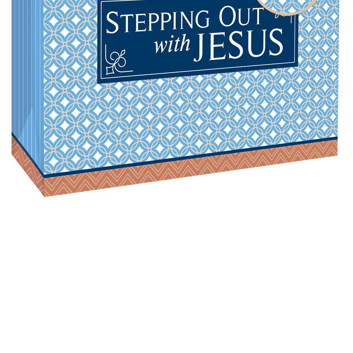 A decorative gift bag or box with a blue and white geometric pattern, a navy blue title panel reading 'Stepping Out with Jesus,' and a terracotta-colored patterned band near the bottom, shown on a plain white background by CTA Christ to All and CTA Gifts.