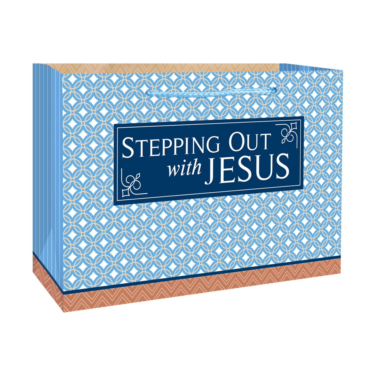 A square paper gift bag with a blue and white geometric pattern, featuring a central navy blue label that reads 'Stepping Out with Jesus' in white text. The bag has a brown patterned base and handles, shown on a plain white background by CTA Christ to All and CTA Gifts.