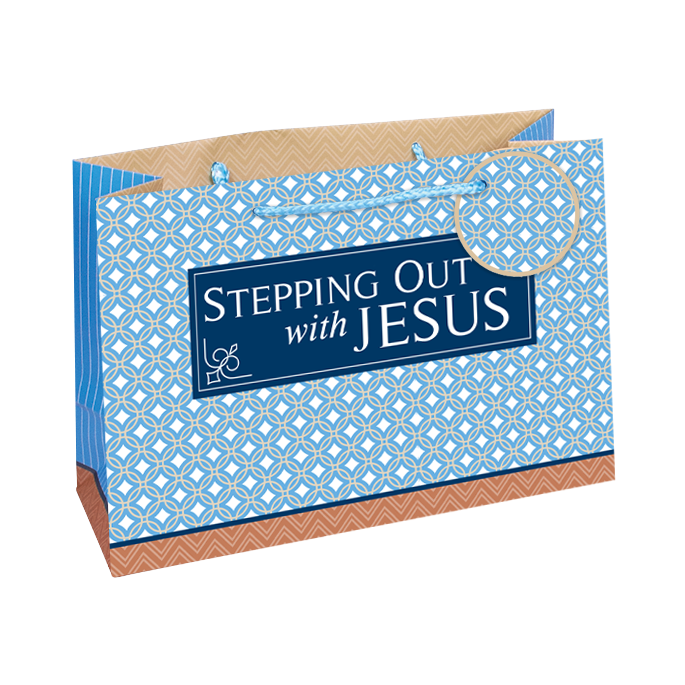 A decorative paper shopping/gift bag with a blue and white geometric pattern, a navy label reading 'Stepping Out with Jesus,' kraft brown handles, and a brown patterned base, shown on a plain white background by CTA Christ to All and CTA Gifts.