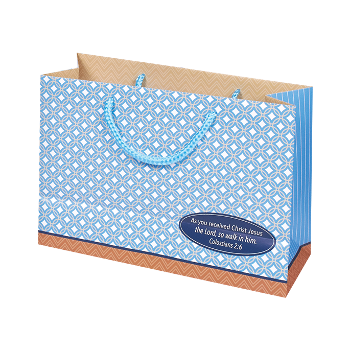 A decorative paper gift bag with a blue and white geometric pattern, light blue rope handles, a brown chevron-patterned inner lining, and a navy blue oval label featuring the Bible verse 'As you received Christ Jesus the Lord, so walk in him. Colossians 2:6' by CTA Christ to All and CTA Gifts.