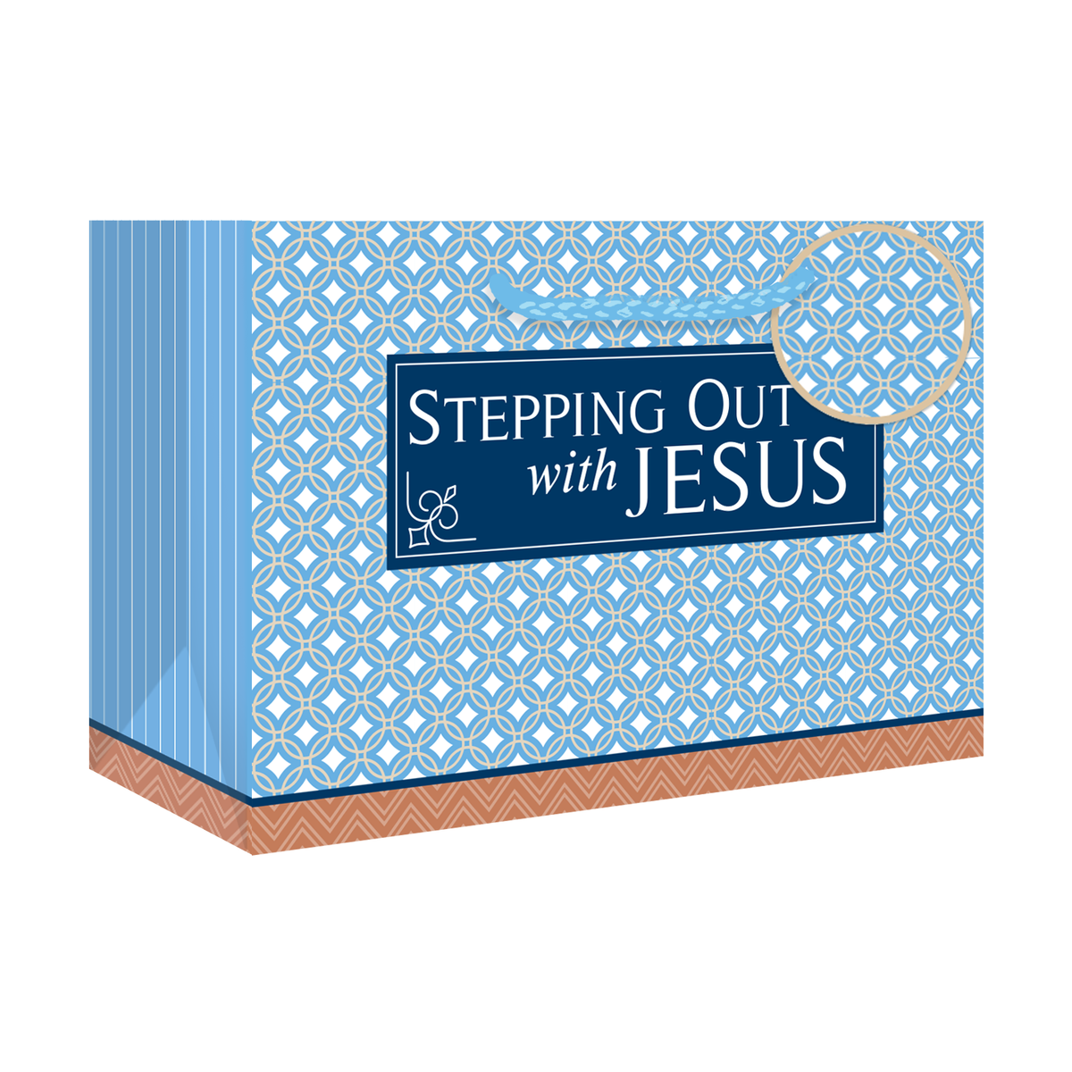 A rectangular gift box or package with a blue and white geometric pattern, a navy label reading “Stepping Out with Jesus,” and a brown patterned base, shown on a plain white background by CTA Christ to All & CTA Gifts.