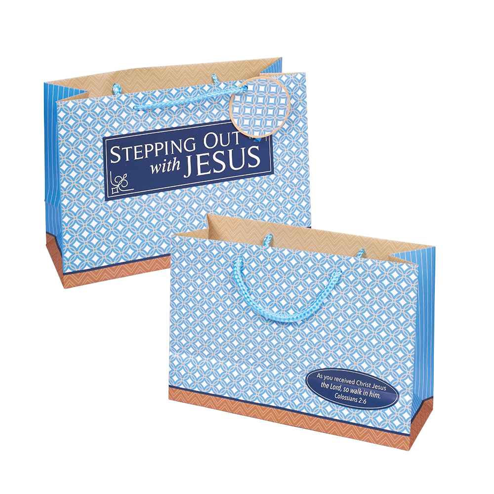Two blue and white patterned shopping bags with brown bases, featuring the text 'Stepping Out with Jesus' and a Bible verse, shown on a white background by CTA Christ to All and CTA Gifts.