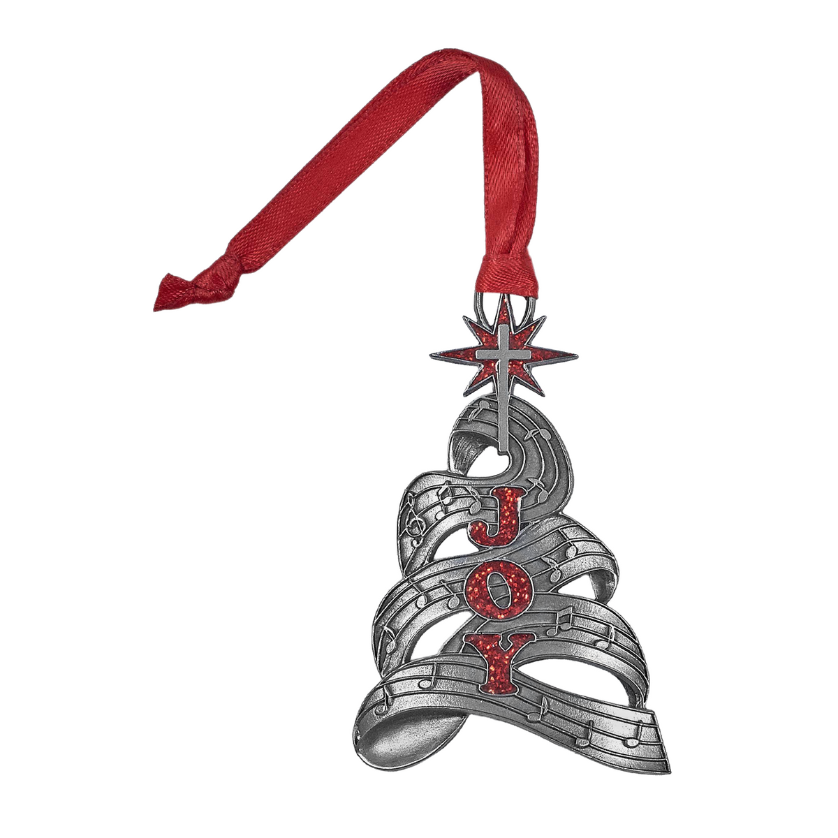 Pewter-finish Christmas ornament shaped like a tree formed from flowing sheet music, with red glitter accents spelling “JOY” and a star-topped cross. Includes a red ribbon for hanging by CTA Christ to All and CTA Gifts. Ornaments of Faith® is trademarked.