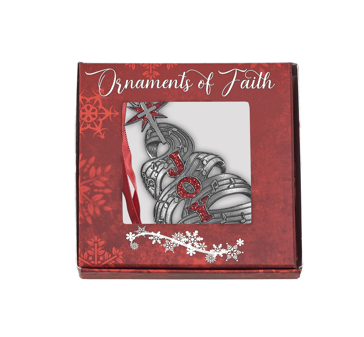 Red "Ornaments of Faith" gift box with a window displaying a pewter-finish Christmas ornament shaped like a tree formed from sheet music, featuring red glitter letters spelling “JOY” and a star-topped cross by CTA Christ to All and CTA Gifts. Ornaments of Faith® is trademarked.