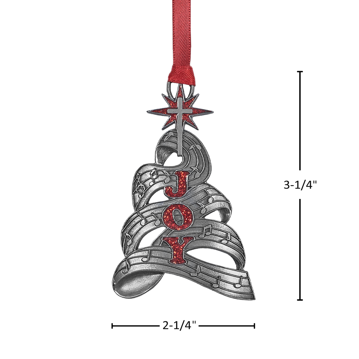 Pewter-finish Christmas ornament shaped like a tree formed from flowing sheet music, featuring red glitter letters spelling “JOY” and a star-topped cross. Ornament measures 3¼ inches tall by 2¼ inches wide and includes a red ribbon for hanging by CTA Christ to All and CTA Gifts. Ornaments of Faith® is trademarked.