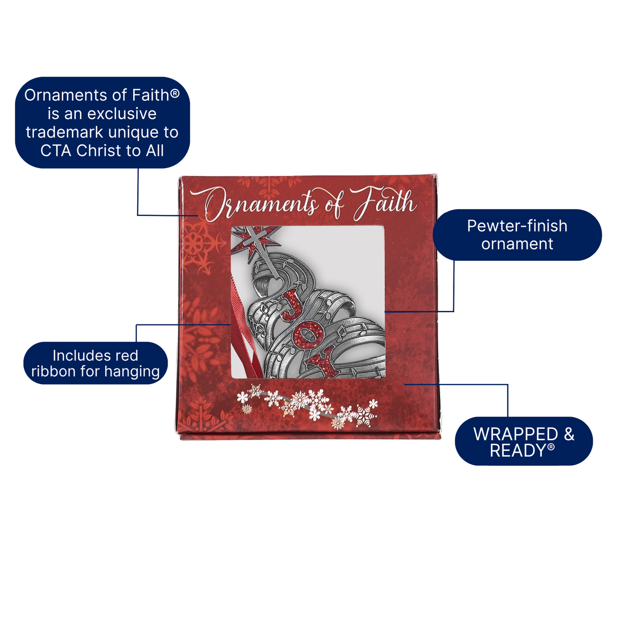 Red "Ornaments of Faith" gift box displaying a pewter-finish Christmas tree ornament made from flowing sheet music, featuring red glitter letters spelling “JOY” and a star-topped cross. Callouts highlight the exclusive Ornaments of Faith® trademark, included red hanging ribbon, gift-ready packaging, and pewter finish by CTA Christ to All and CTA Gifts. Ornaments of Faith® is trademarked.