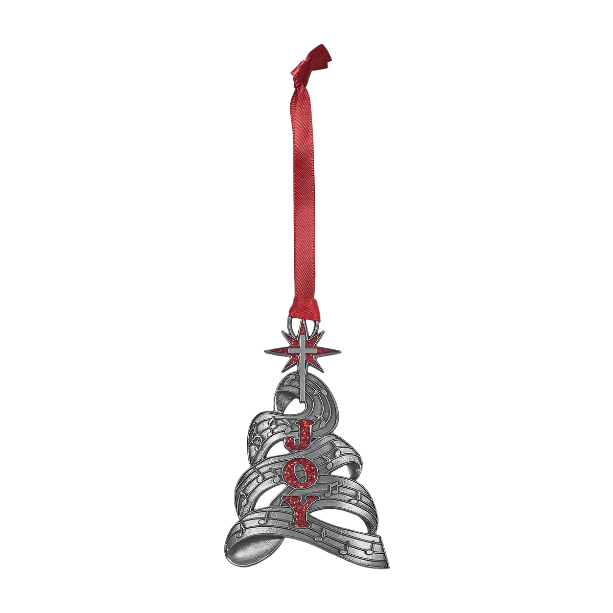 Pewter-finish Christmas ornament shaped like a tree formed from flowing sheet music, featuring red glitter letters spelling “JOY” and a star-topped cross. The ornament hangs from a red ribbon by CTA Christ to All and CTA Gifts. Ornaments of Faith® is trademarked.