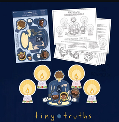 Tiny Truths Illustrated Bible Advent Nativity Story Set featuring a pop-out nativity scene with Mary, Joseph, baby Jesus, animals, and four Advent candles labeled Peace, Hope, Joy, and Love. Includes printable activity and coloring pages for weekly Advent readings by CTA Christ to All and CTAKids.