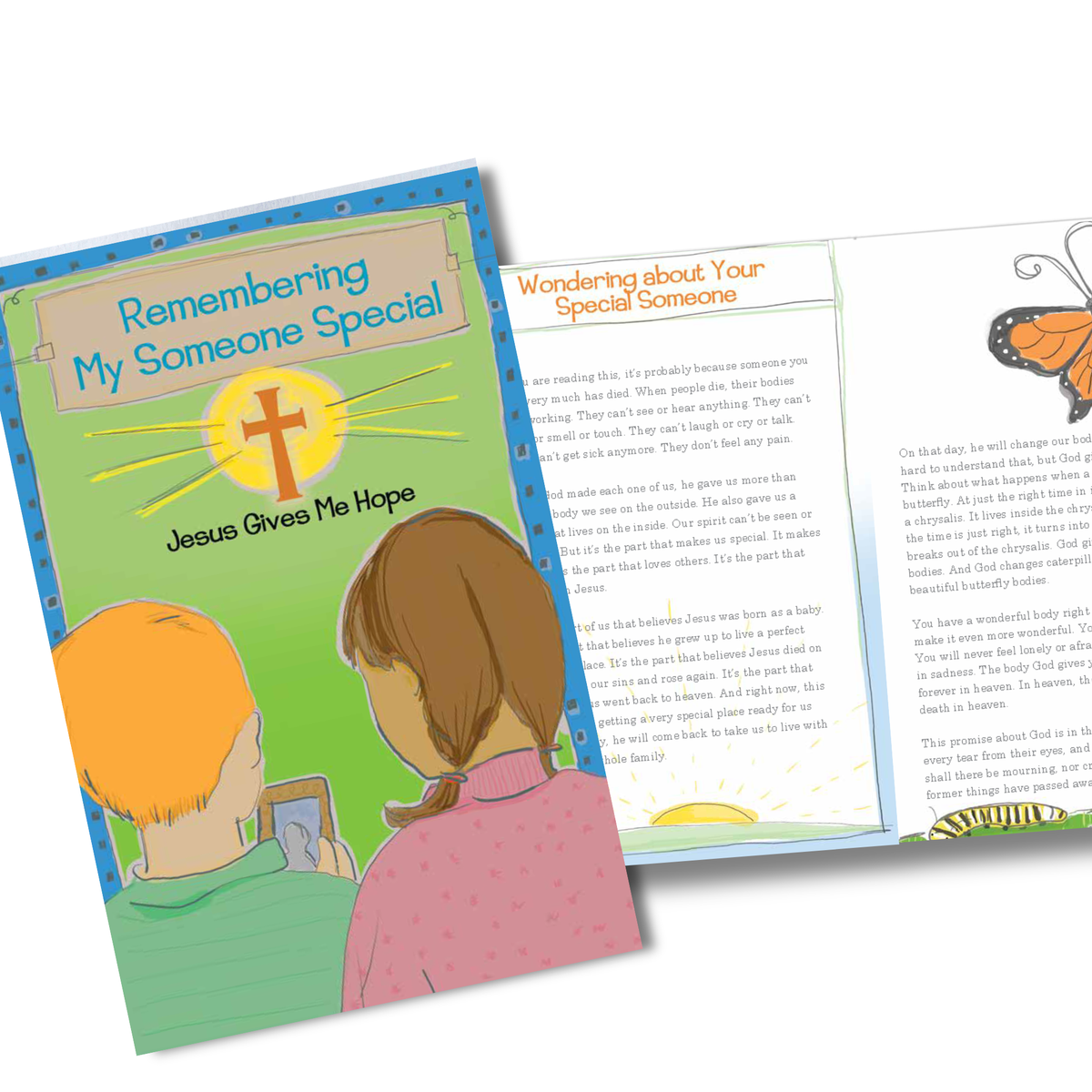 Children's book titled 'Remembering My Someone Special' with a cross on the cover, featuring two children looking at a smartphone by CTA Christ to All & CTAKids.