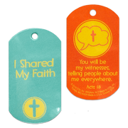 Set of 6 laminated Sharing My Faith Story Truth Tags, each measuring 1" x 2" with a 1/8" hole for a chain.
615122-13828-1