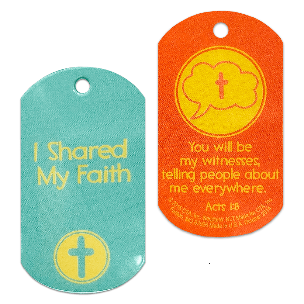 Set of 6 laminated Sharing My Faith Story Truth Tags, each measuring 1" x 2" with a 1/8" hole for a chain.
615122-13828-1