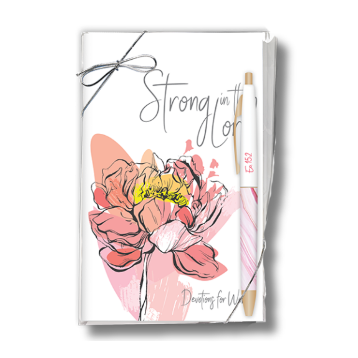 A white notebook with a floral illustration and the words 'Strong in the Lord' and 'Devoted for Wh' on the cover, shown with a white pen featuring pink swirls and gold accents by CTA Christ to All & CTA Gifts.