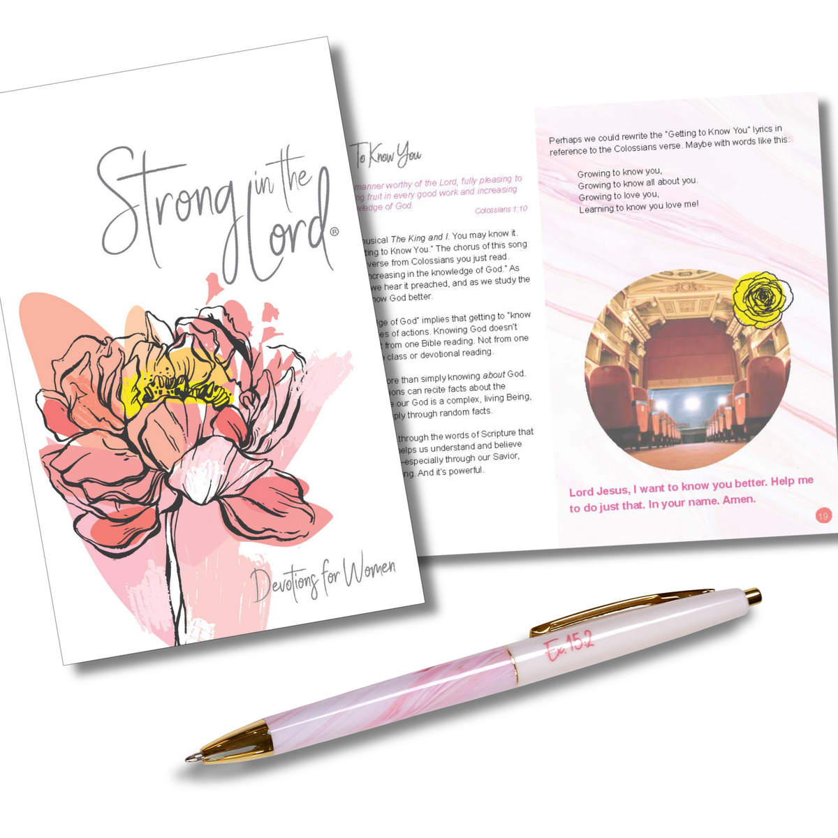 A set of printed devotional cards and a matching pen arranged on a white background. The cards feature pink floral artwork, handwritten-style text reading 'Strong in the Lord' and 'Devoted to Women,' and one card shows a small photo of a church interior by CTA Christ to All & CTA Gifts.