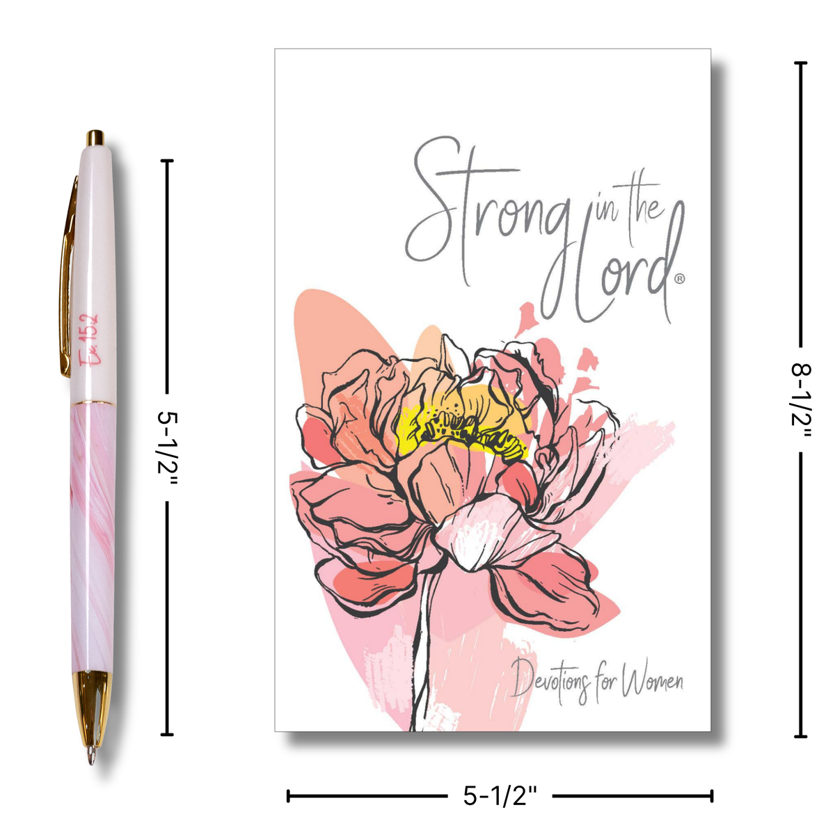 A Devotions for Women card set with a floral illustration and the words 'Strong in the Lord' and 'Devotions for Women,' shown with a pen and dimension lines indicating 5-1/2 by 8-1/2 inches by CTA Christ to All & CTA Gifts.