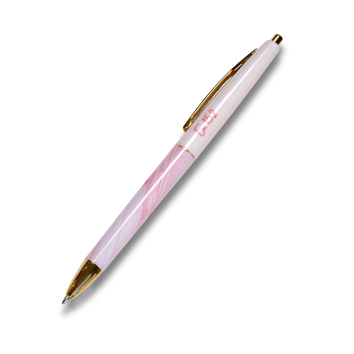 A pink and white marbled pen with gold accents, featuring the initials 'LS' in pink script on the barrel, shown on a clean white background by CTA Christ to All & CTA Gifts.