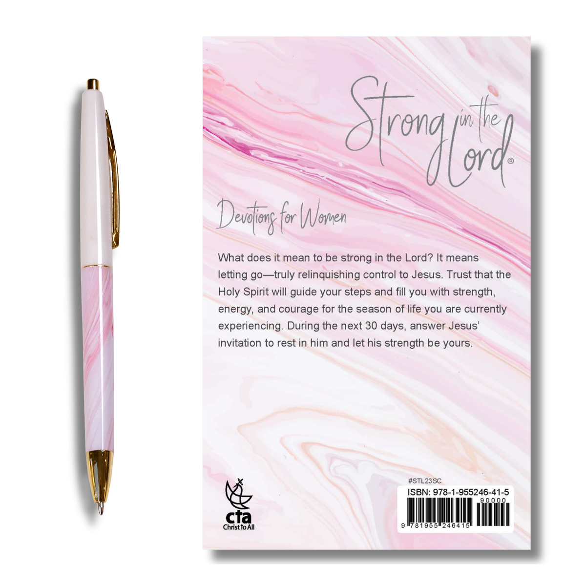 A pink and white marbled pen with gold accents is shown next to a matching devotional card titled 'Strong in the Lord' from CTA Devotional Supplies by CTA Christ to All & CTA Gifts.