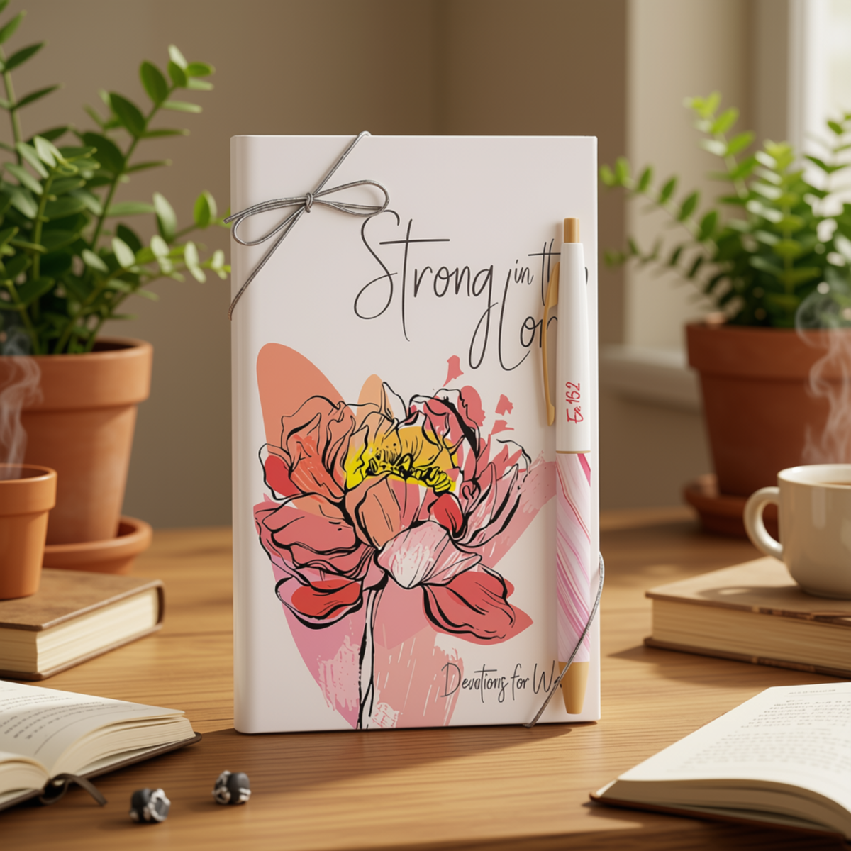 A white hardcover journal standing on a wooden table, decorated with a pink floral illustration, the words 'Strong in the Lord' and 'Devotions for Life,' tied with a gray string. A white pen rests on the cover by CTA Christ to All & CTA Gifts.