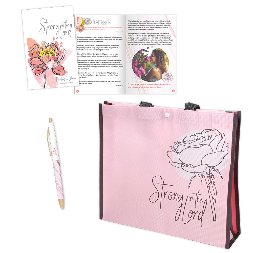 King James Version of Strong in the Lord gift set for Christian women including tote bag, pen and devotion book
