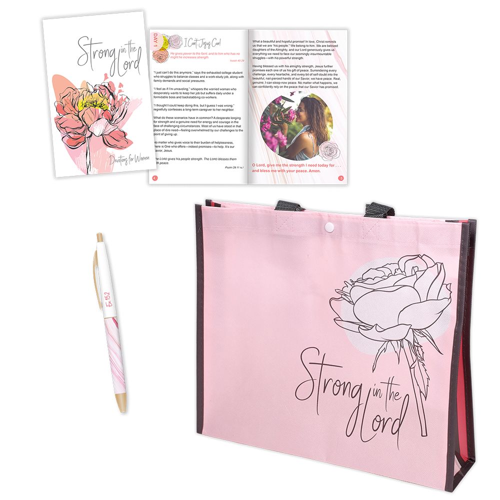 Strong in the Lord gift set for Christian women with tote bag, pen and devotion book for Christian women