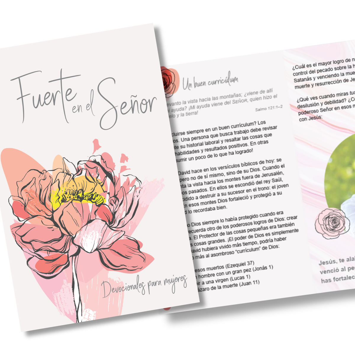 Two overlapping printed devotional books or booklet pages with Spanish text and pink floral illustrations, shown on a plain white background by CTA Christ to All and CTA Publishing.