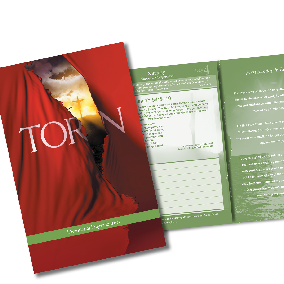 A devotional prayer journal shown open and closed on a white background. The closed cover features a red draped fabric design with a sunset and cross illustration and the title 'TORN by CTA Christ to All & CTA Publishing.