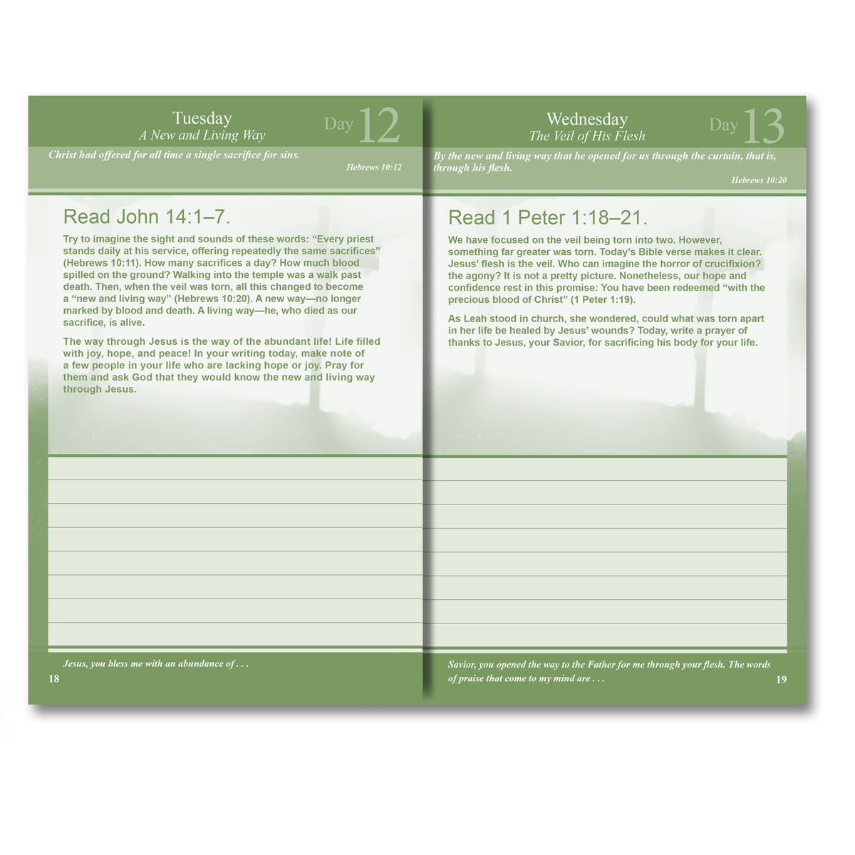 A two-page Christian devotional journal spread showing Wednesday and Tuesday pages with text passages and blank lines for writing, set against a soft blurred background of a church interior by CTA Christ to All & CTA Publishing.