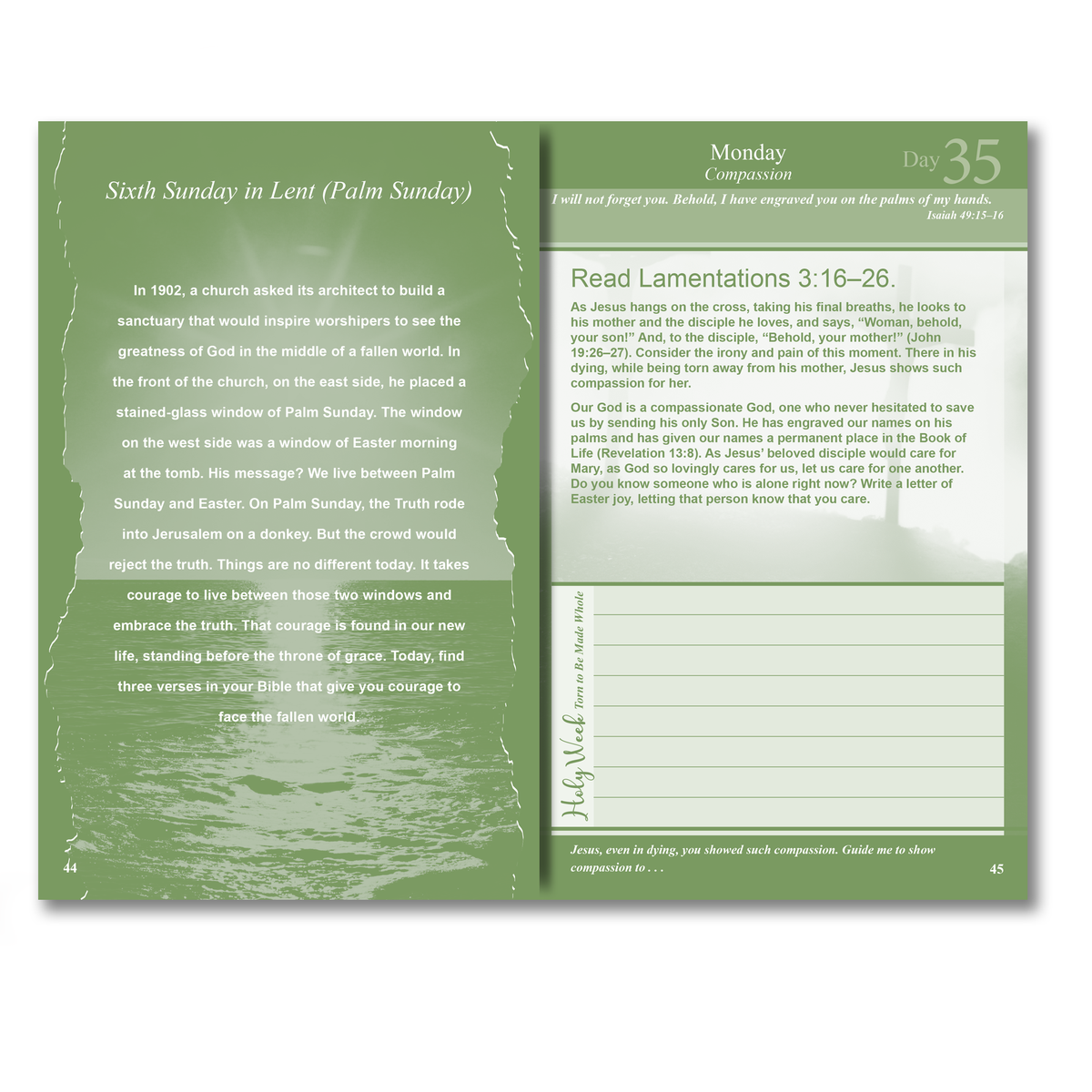 A two-page religious booklet spread showing a green left page with printed text about Sixth Sunday in Lent (Palm Sunday) and a white right page with Monday composition instructions and Read Lamentations text, photographed against a white background by CTA Christ to All & CTA Publishing.