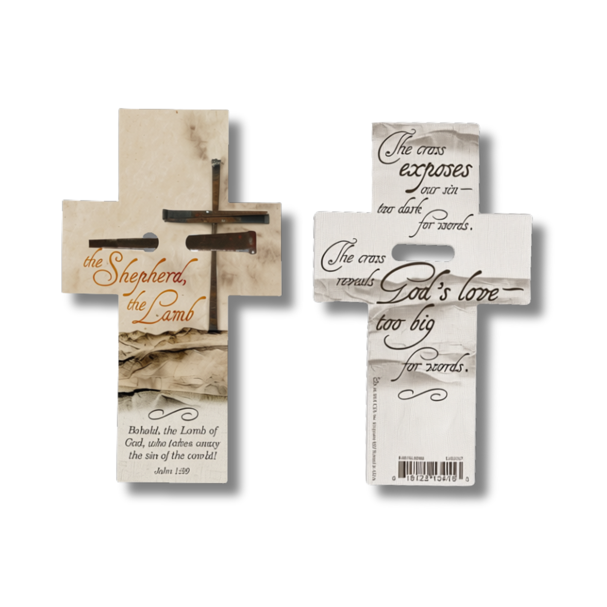 Two wooden Christian wall crosses shown on a white background, one front view and one back view. The crosses feature a rustic beige wood grain texture, a dark brown cross in the center, and printed religious text including 'the Shepherd, the Lamb' and a Bible verse from John 1:29 by CTA Christ to All & CTA Publishing.