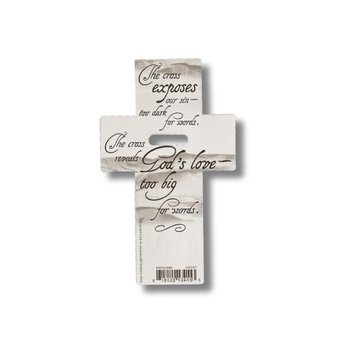 A decorative cross-shaped wall sign with a distressed white and gray wood-grain finish, featuring printed religious scripture in black cursive and serif fonts, shown on a plain white background by CTA Christ to All and CTA Publishing.