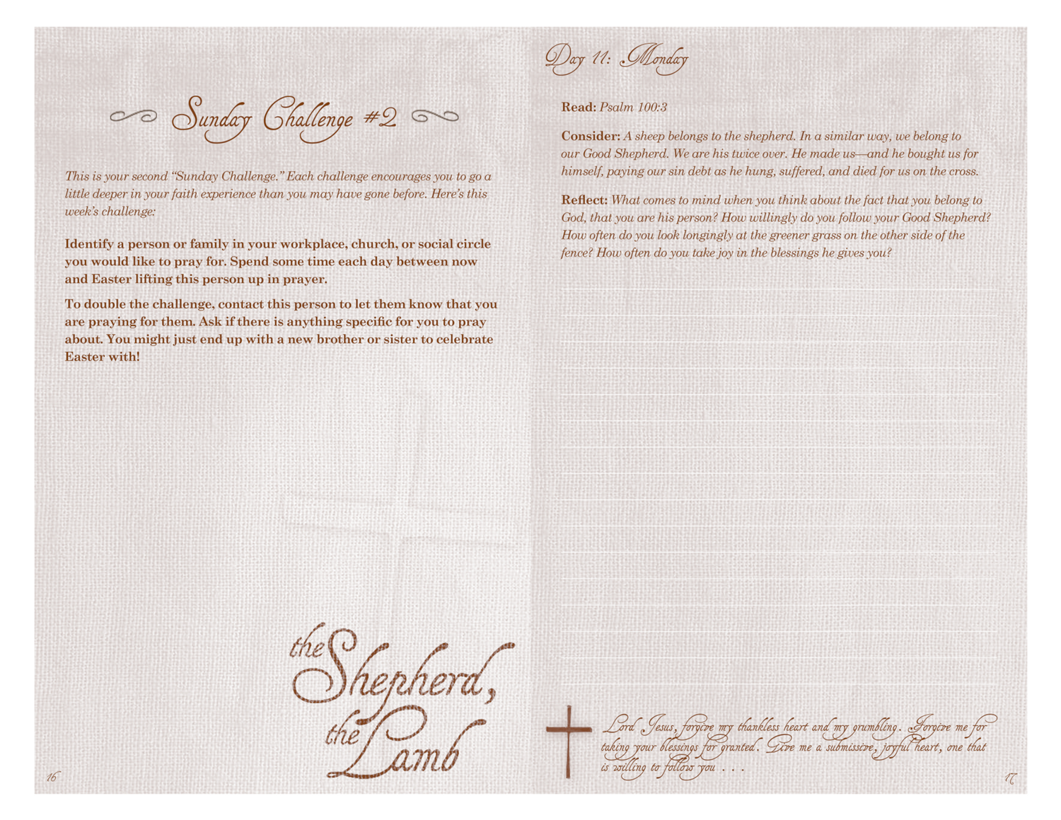 Inside spread of the Shepherd the Lamb prayer journal for Lent