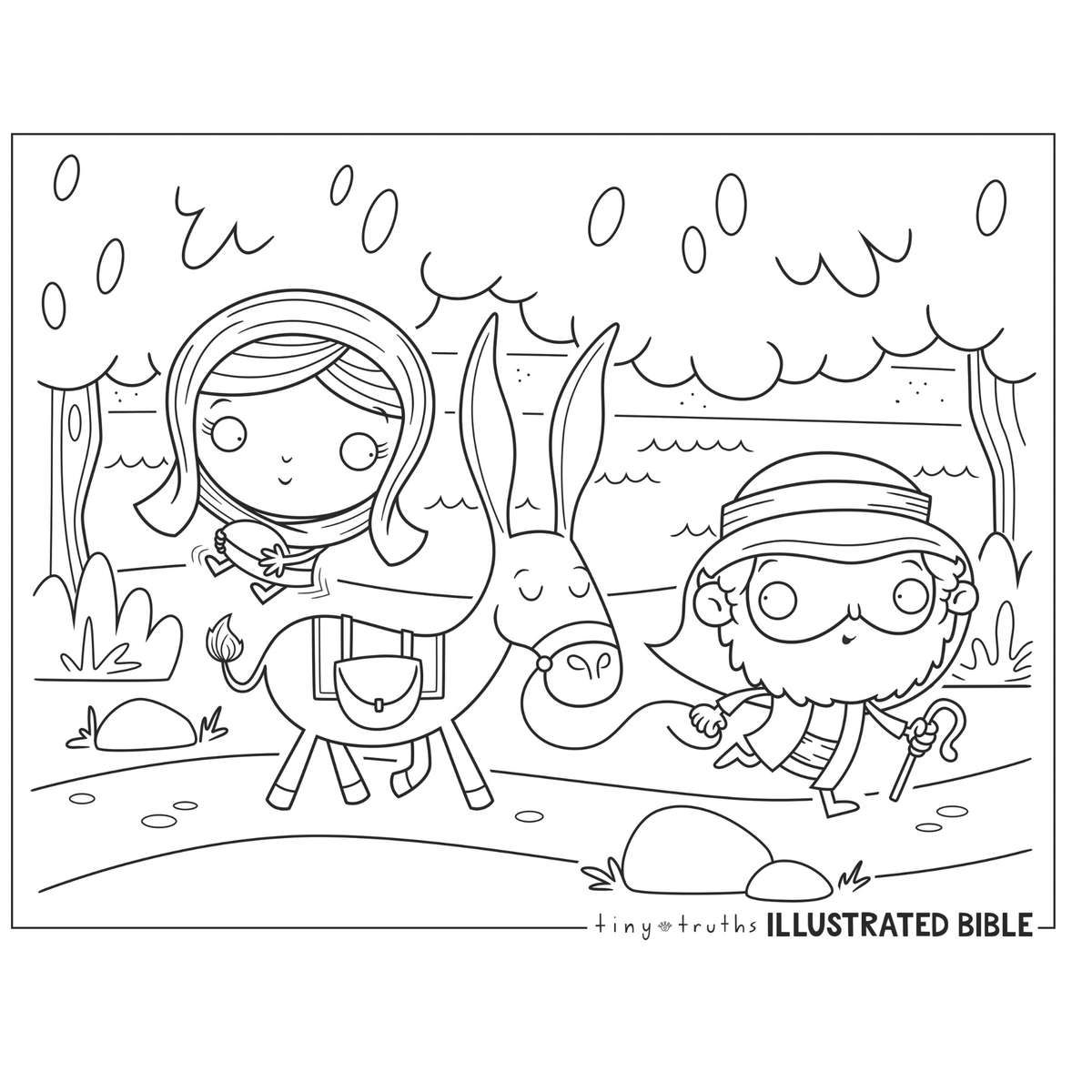 Black-and-white Christmas story coloring page featuring Mary holding baby Jesus while riding a donkey, with Joseph walking beside them along a path through a wooded landscape. Part of the Tiny Truths Illustrated Bible collection, this printable Christian coloring activity helps children learn the nativity story and is ideal for Sunday school, homeschool lessons, church Christmas programs, vacation Bible school, and holiday crafts by CTA Christ to All and CTAKids.